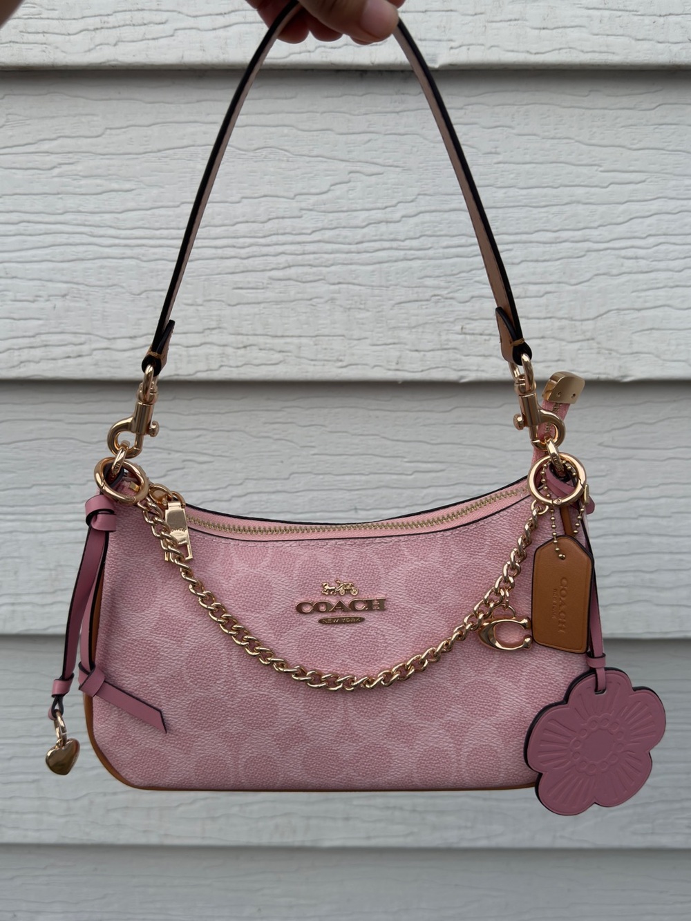 Coach Powder Pink Signature Teri Shoulder Bag with Floral Charm and Gold Chain